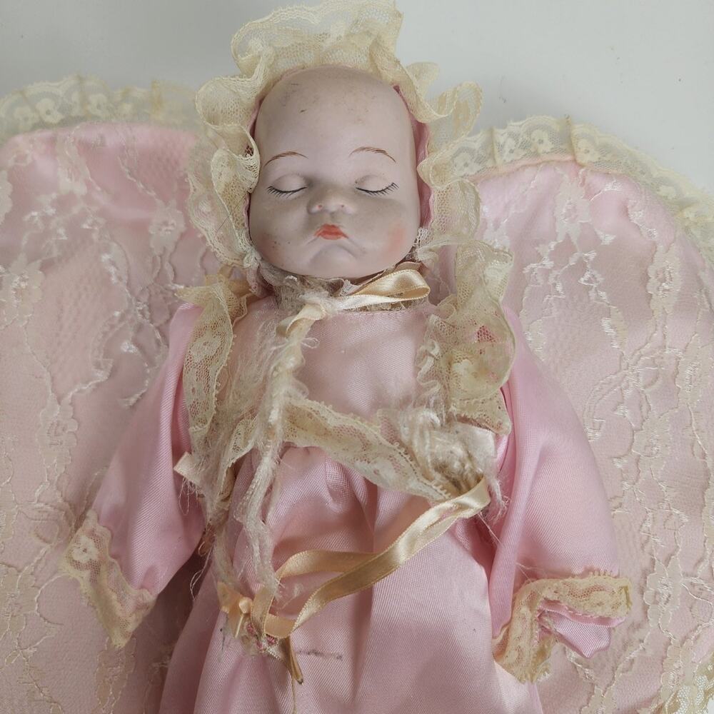 VTG Porcelain Newborn Laying on Pink Lacey Heart Padded Blanket Sleeping Doll